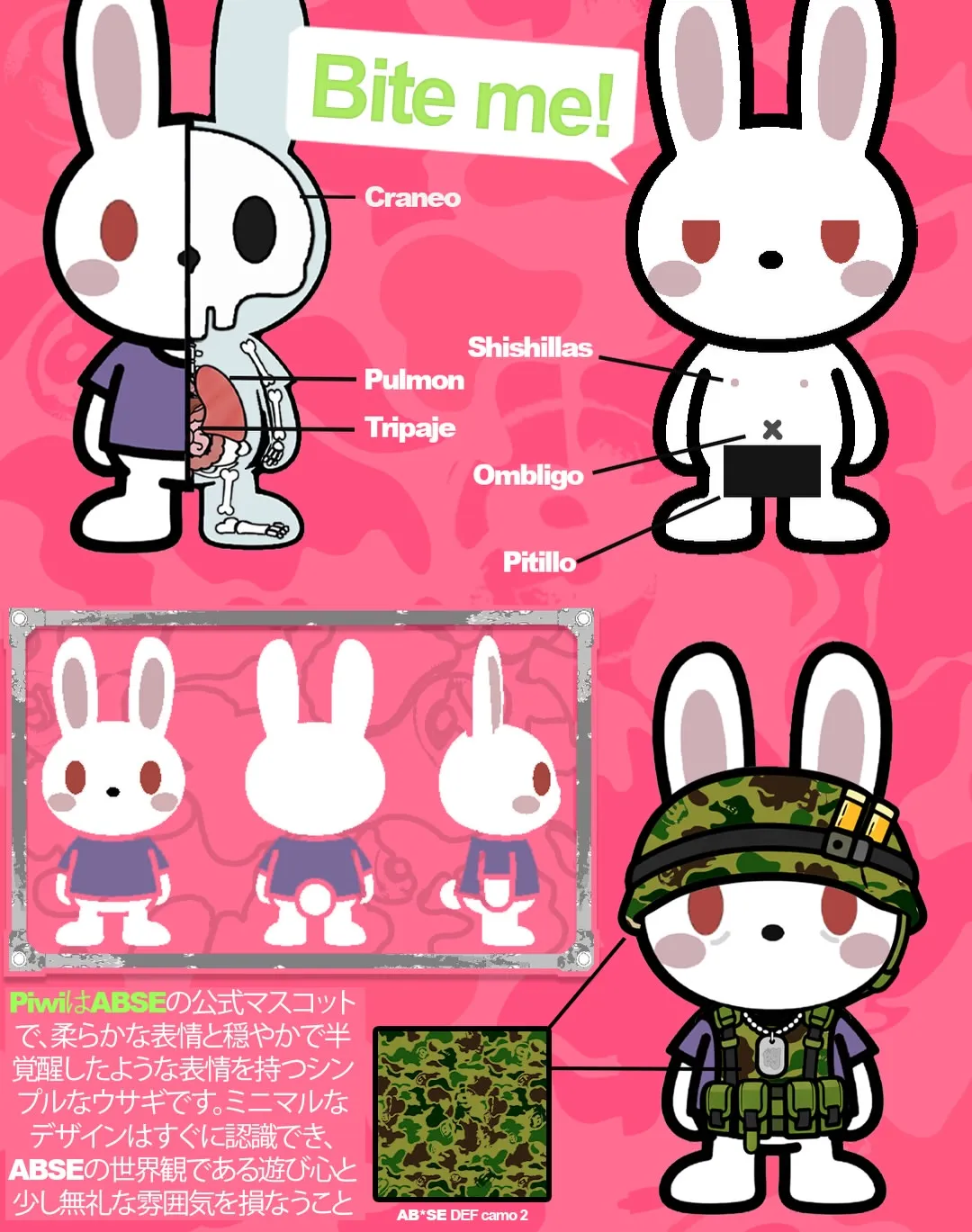 Piwi: anatomía, vistas de personaje y versión camo militar